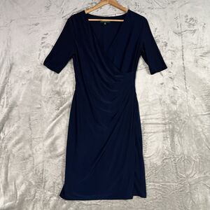 Lauren Ralph Lauren Navy Surplice Faux Wrap Midi Dress 10P Ruched Slimming Chic